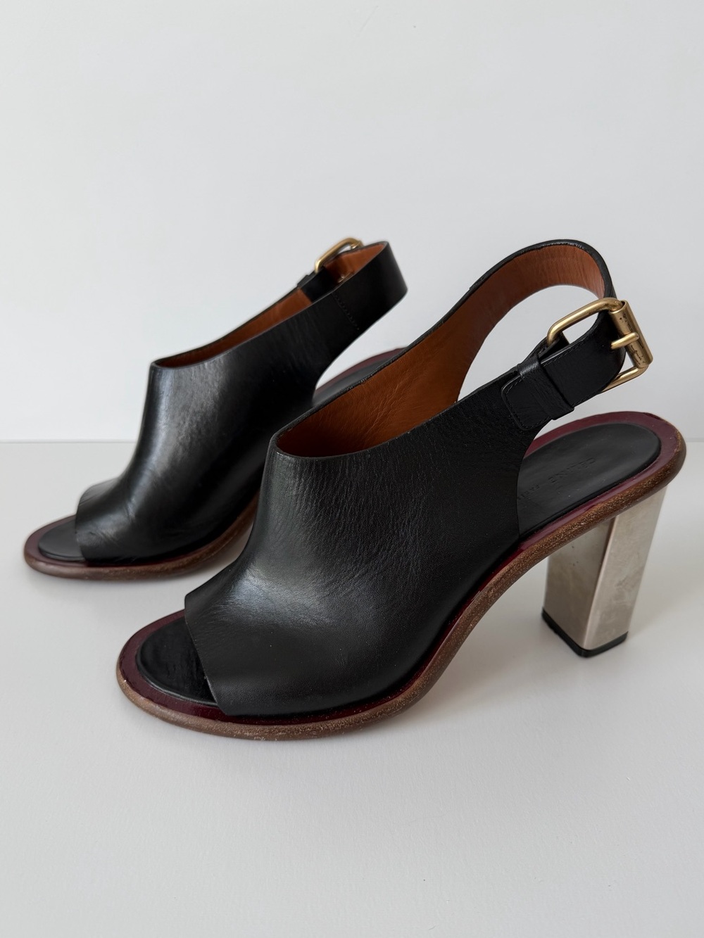 Celine Black Leather Open-Toe Slingback Heels with Metallic Block Heel